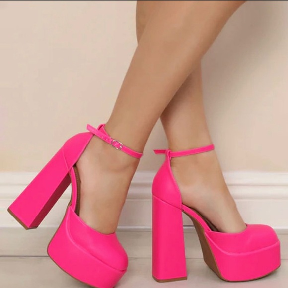 New Pink Mary Jane Platform Chunky Heel Pumps - Picture 1 of 5